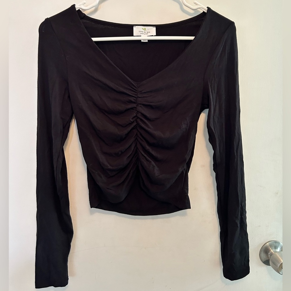 Black Long Sleeve Shirt Ruched Deep V Neck